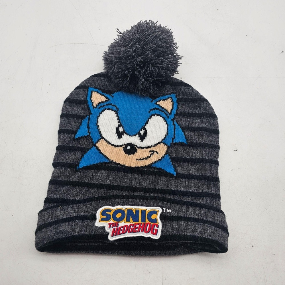 Sonic The Hedgehog Hat Beanie Boys One Size Gray Striped Pom Knit Lined